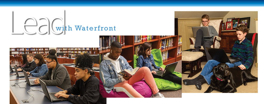 Waterfront Lead banner shows students working online. 